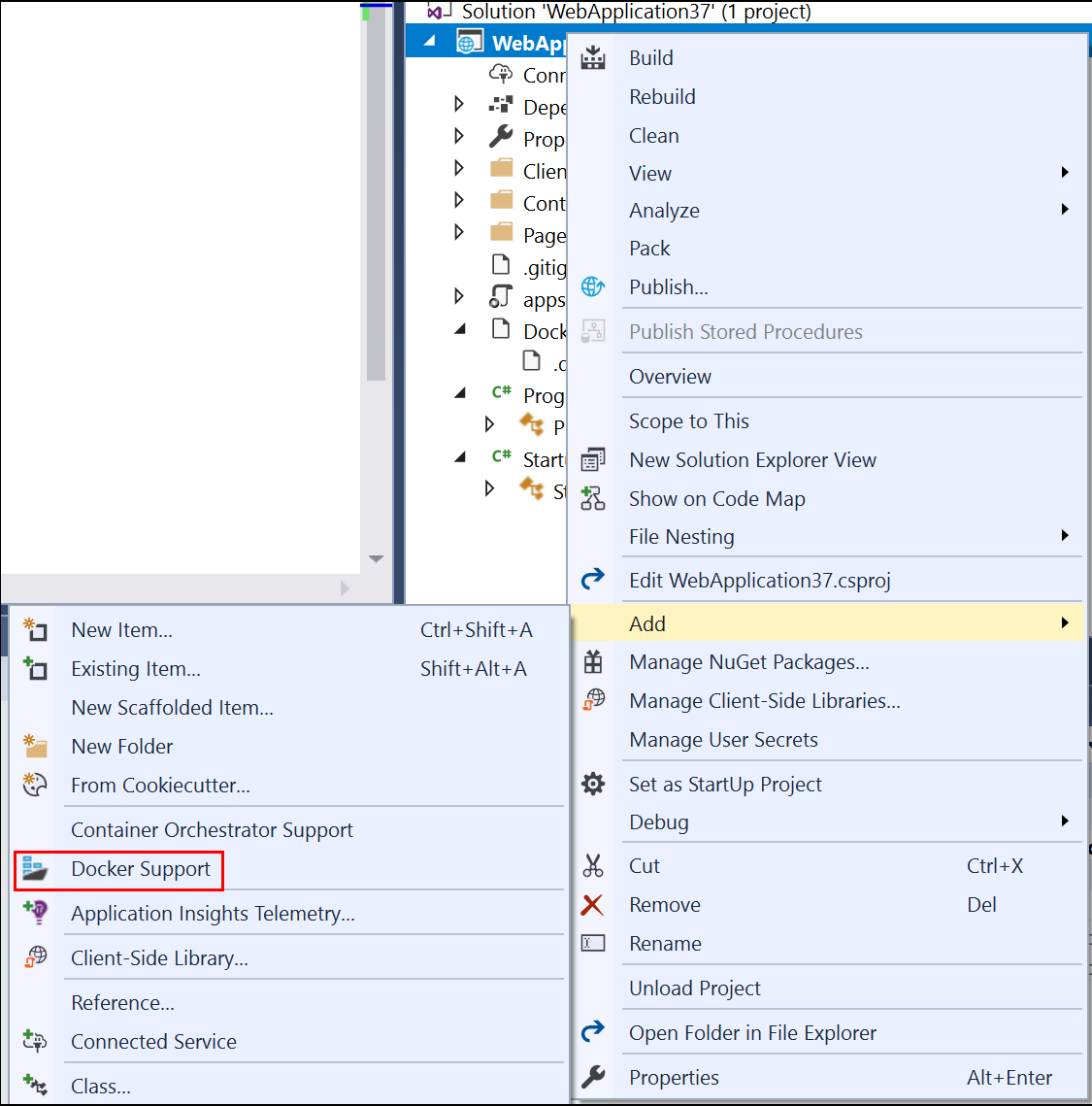 Cuplikan layar item menu tambahkan dukungan Docker.