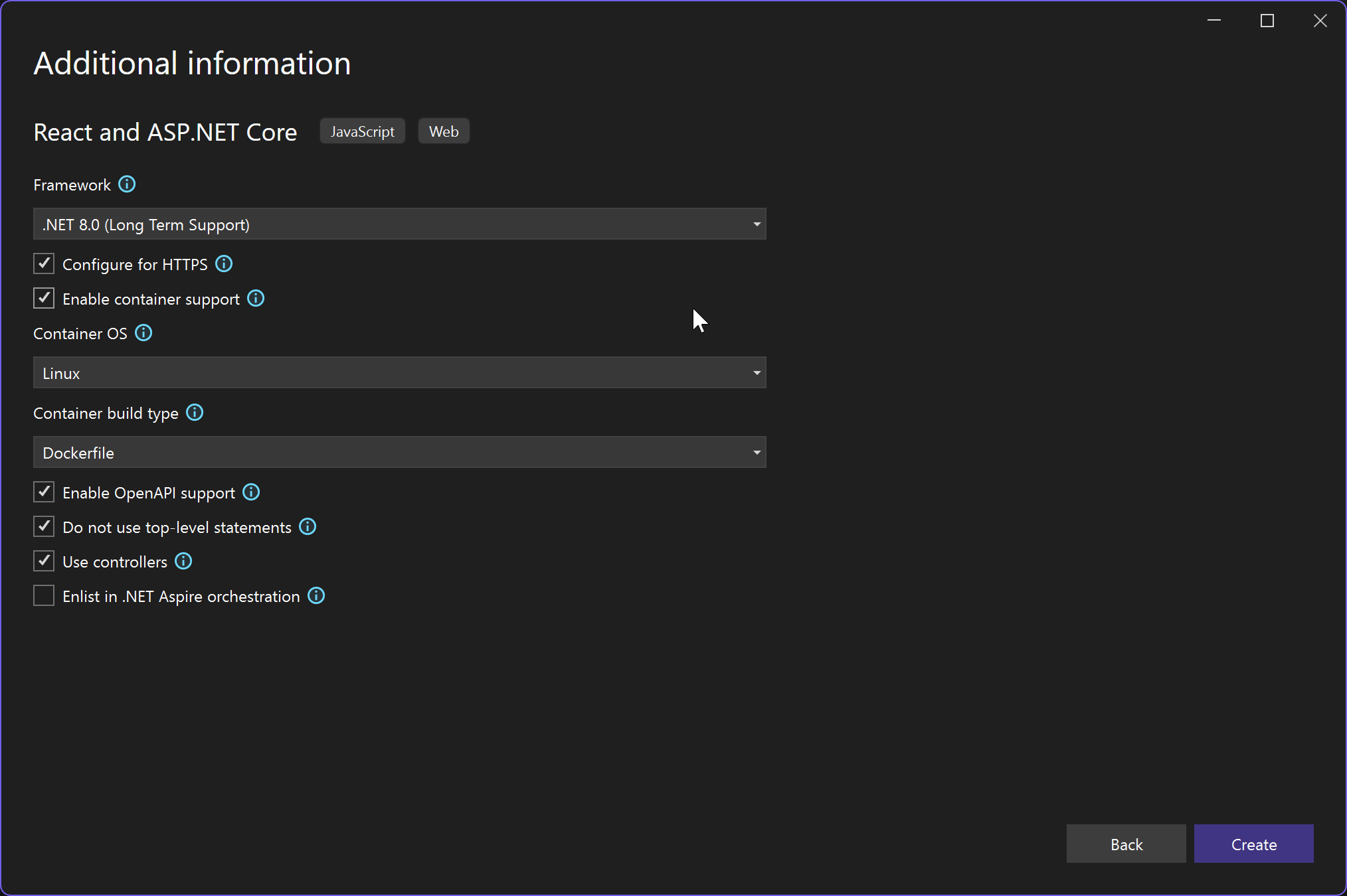 Cuplikan layar pembuatan proyek React dan ASP.NET Core - Layar informasi tambahan.