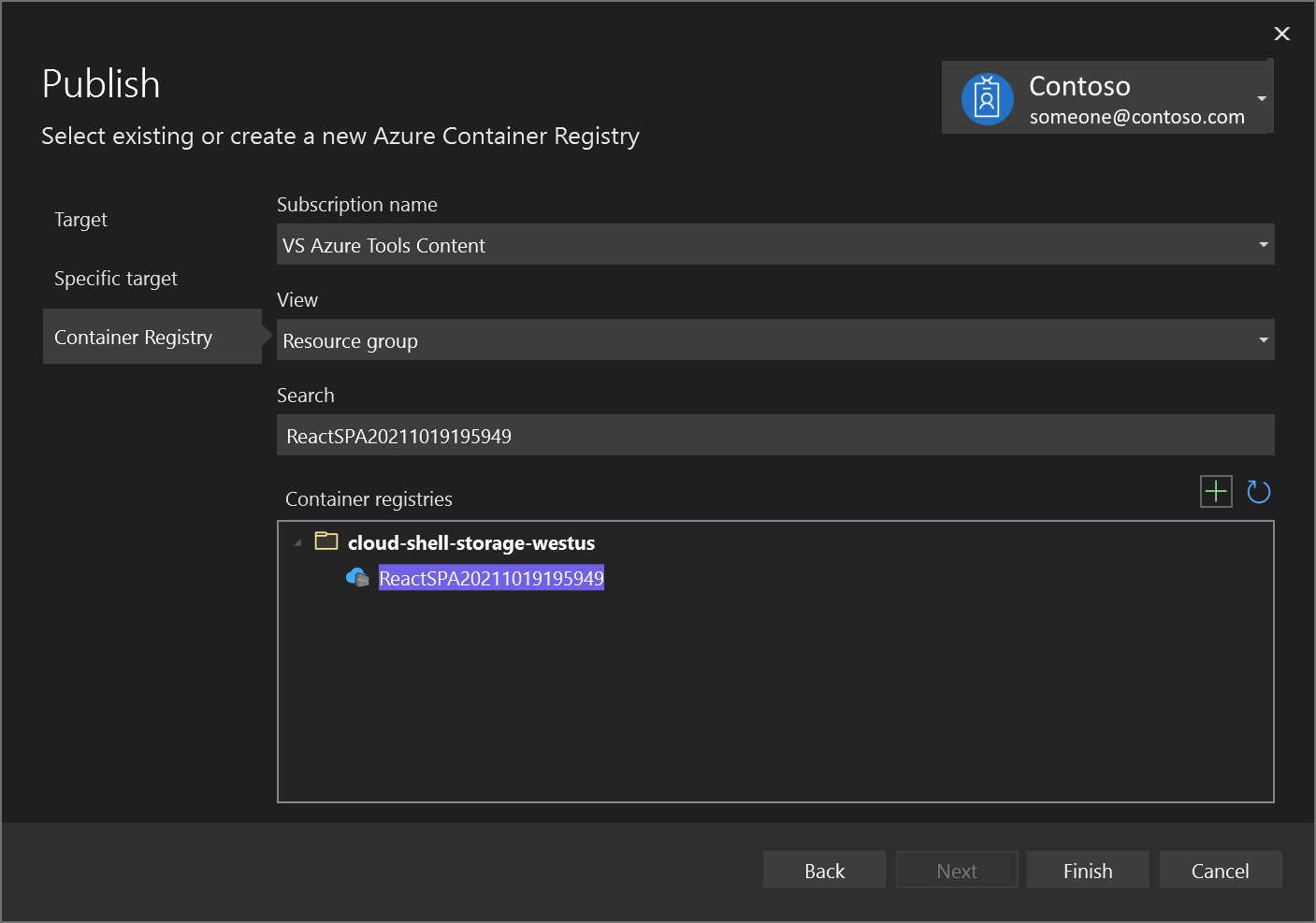 Cuplikan layar memperlihatkan Pilih atau buat registri kontainer Azure baru.
