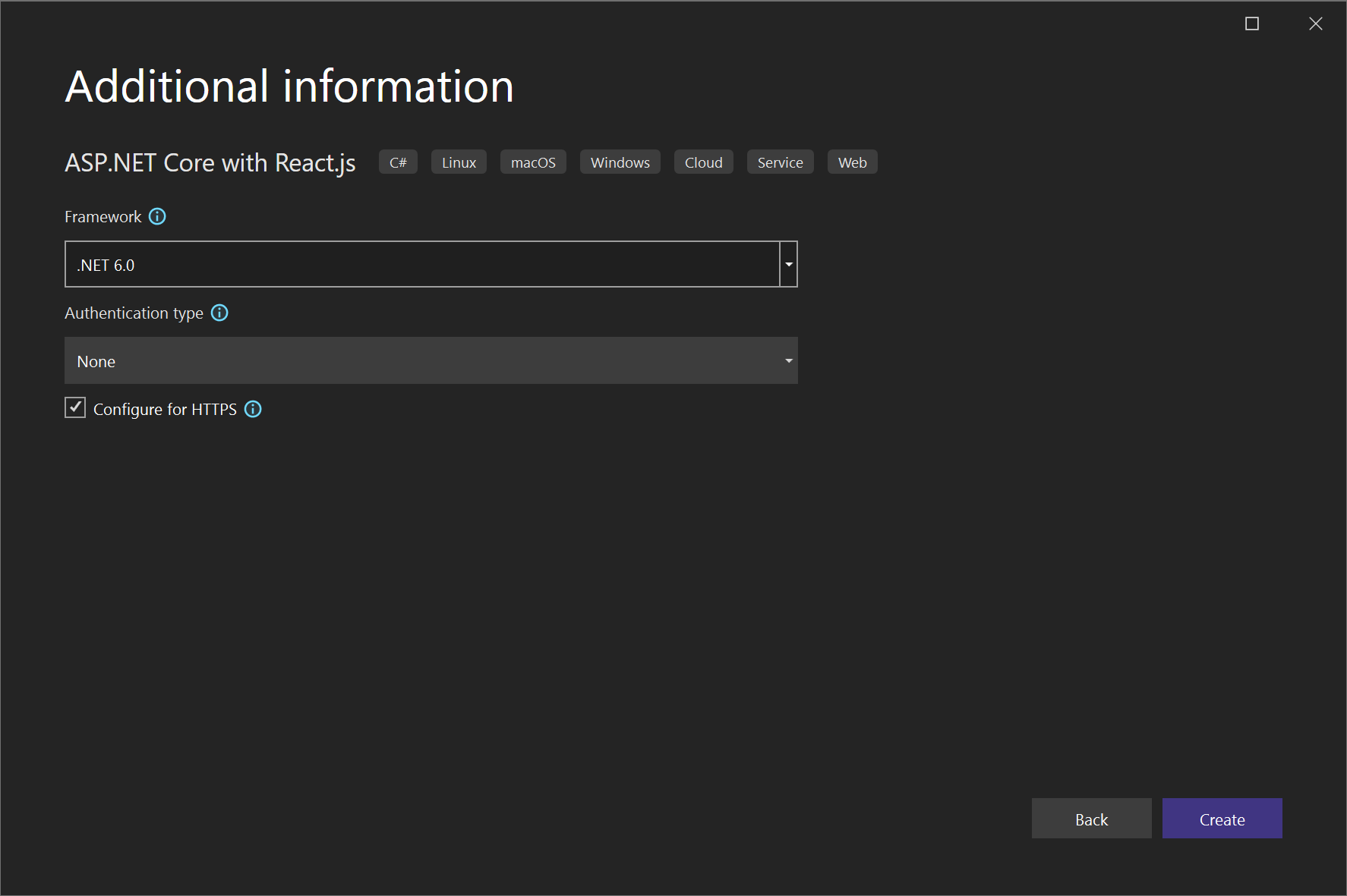 Cuplikan layar pembuatan proyek React.js baru - Layar informasi tambahan.