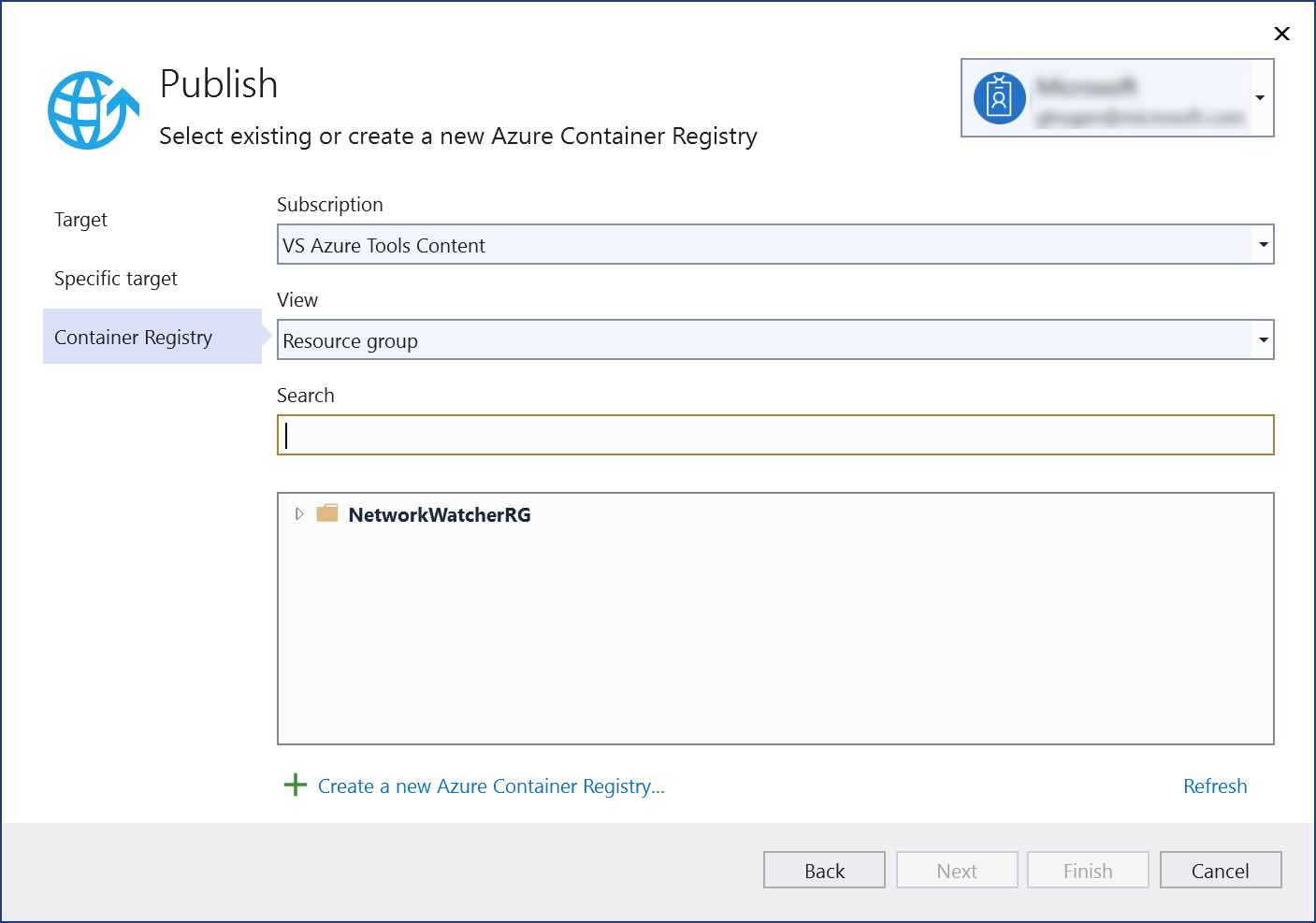 Cuplikan layar dialog Terbitkan - pilih Buat registri kontainer Azure baru.