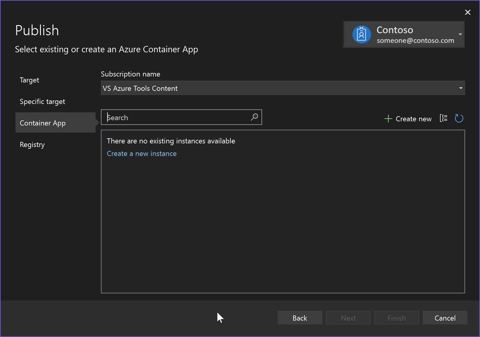 Cuplikan layar memperlihatkan memilih aplikasi kontainer.