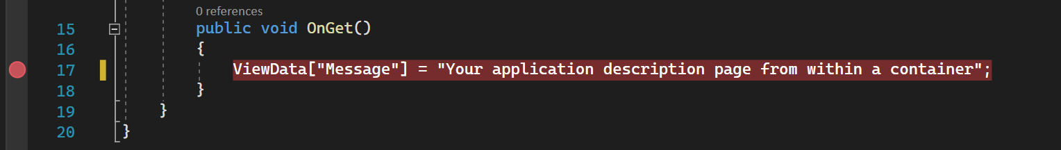 Cuplikan layar memperlihatkan bagian dari kode untuk Index.cshtml.cs di Visual Studio dengan titik henti diatur ke sebelah kiri baris kode yang disorot dengan warna kuning.