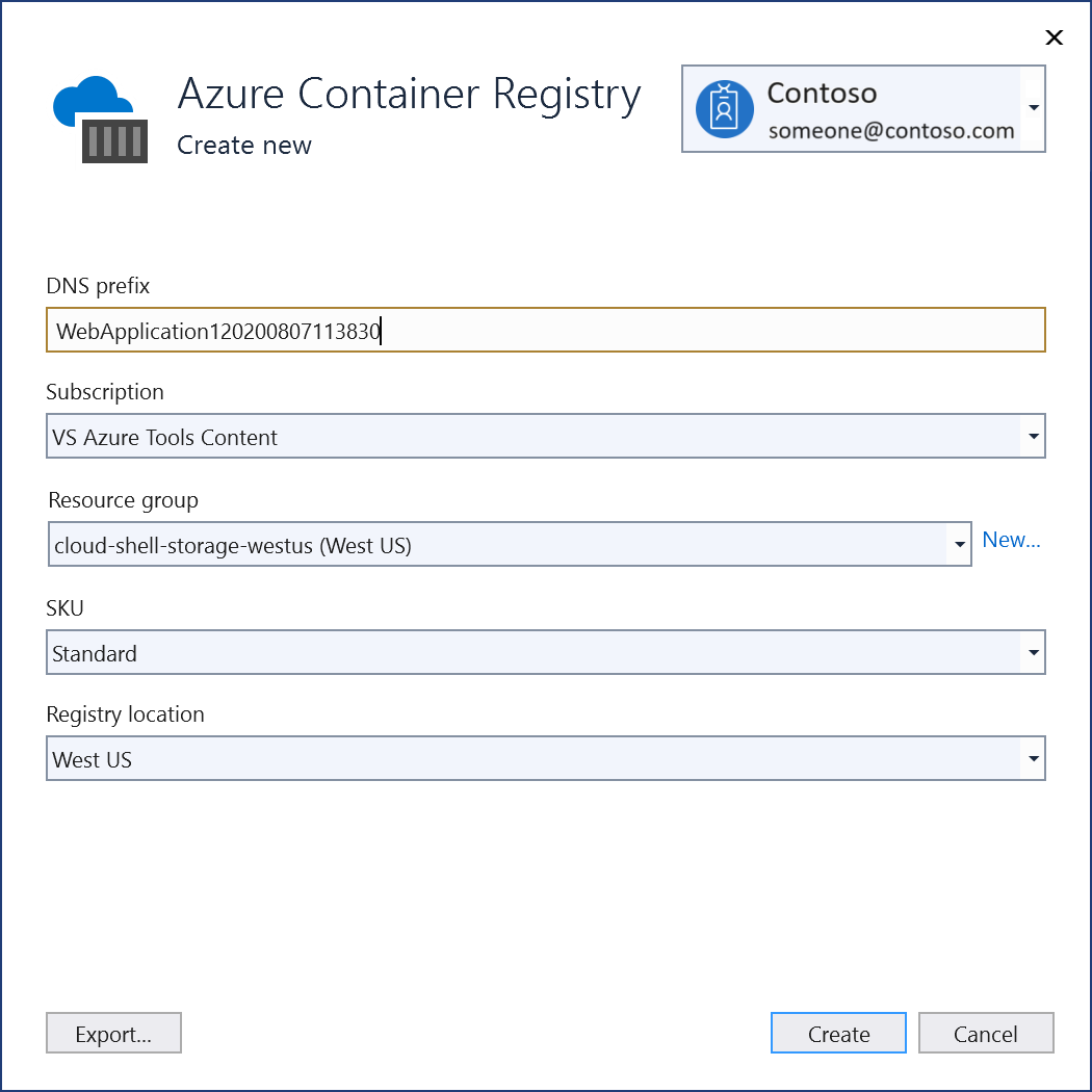 Cuplikan layar dialog buat Azure Container Registry Visual Studio.