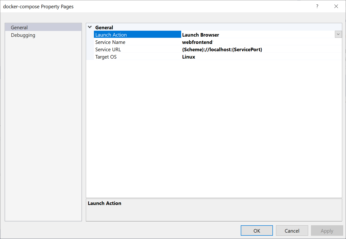 Cuplikan layar properti proyek Docker Compose.