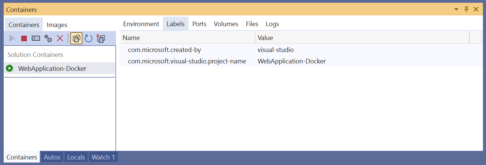 Cuplikan layar jendela Kontainer di Visual Studio memperlihatkan tab Label.