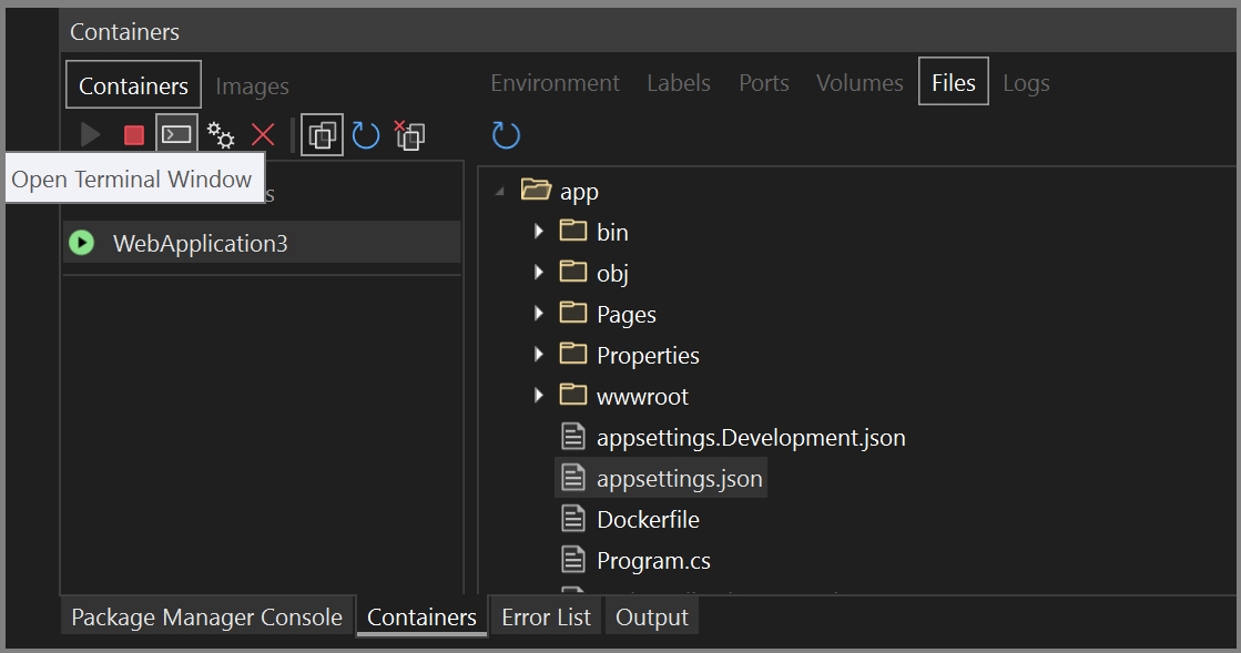 Cuplikan layar Buka Jendela Terminal di jendela Kontainer.