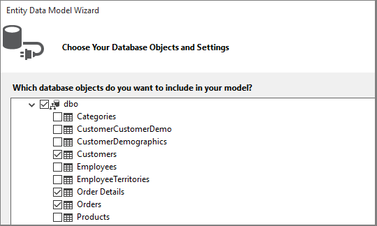 Cuplikan layar memilih Objek database untuk model.