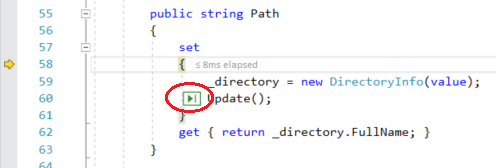 Cuplikan layar Visual Studio Debugger memperlihatkan tombol Jalankan ke Klik muncul tepat di sebelah kiri panggilan ke fungsi.