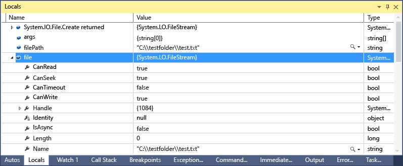 Cuplikan layar jendela Lokal, dengan file diatur ke nilai System.IO.FileStream.