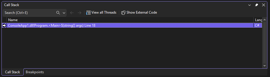 Cuplikan layar yang memperlihatkan jendela Call Stack.