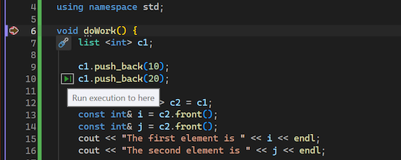 Cuplikan layar yang menunjukkan cara menggunakan aksi Run to Click di debugger Visual Studio.