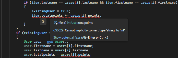Screenshot memperlihatkan kesalahan konversi jenis di Visual Studio.