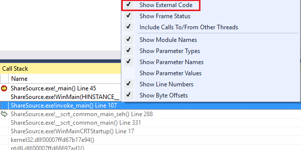 Cuplikan layar Tampilkan Kode Eksternal di jendela Tumpukan Panggilan.