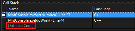 Cuplikan layar Kode Eksternal di jendela Tumpukan Panggilan.