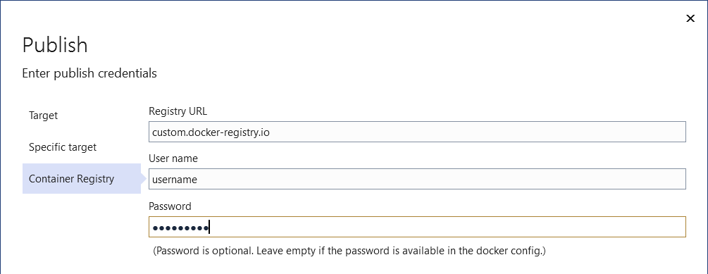 Cuplikan layar memperlihatkan opsi untuk menerbitkan ke Docker Container Registry lain.