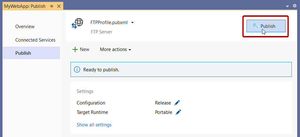 Cuplikan layar memperlihatkan penyelesaian proses untuk diterbitkan ke server FTP atau ftps, halaman ringkasan.