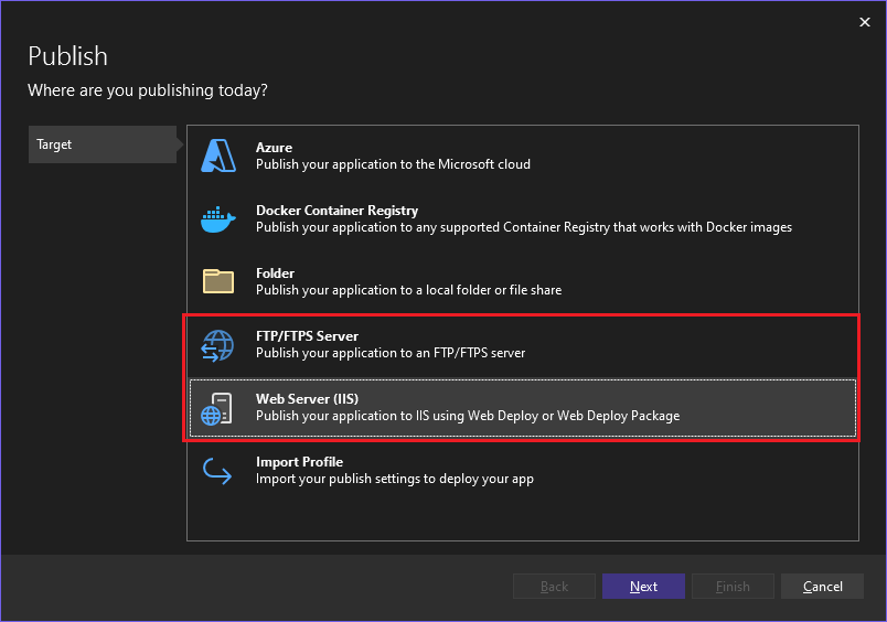 Cuplikan layar yang memperlihatkan pemilihan IIS.