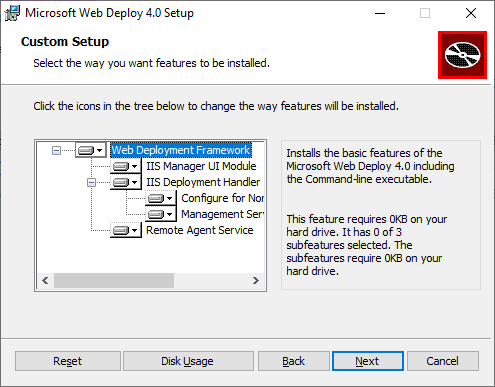 Cuplikan layar memperlihatkan komponen Web Deploy 4.0