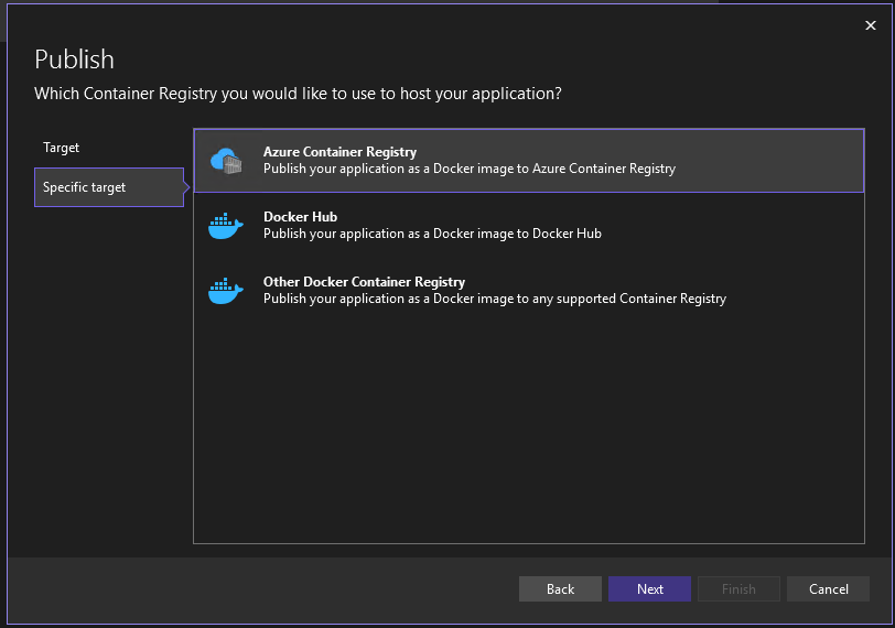Cuplikan layar memperlihatkan opsi Terbitkan ke Docker Container Registry.