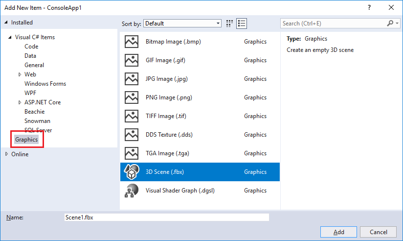 dialog Tambahkan Item Baru dengan adegan 3D dipilih