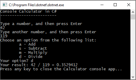 Screenshot of a Console window showing the Calculator app that now returns a decimal numeral as a result.