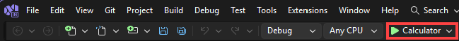 Cuplikan layar yang memperlihatkan pemilihan tombol Kalkulator untuk menjalankan aplikasi dari toolbar Debug.