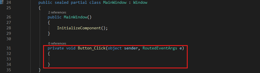 Cuplikan layar memperlihatkan kode C# untuk penanganan aktivitas Button_Click default.