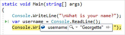 Cuplikan layar yang memperlihatkan nilai variabel selama penelusuran kesalahan di Visual Studio.