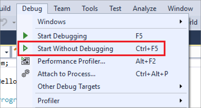 Cuplikan layar yang memperlihatkan item menu Mulai Debug > tanpa Penelusuran Kesalahan.