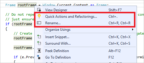 Cuplikan layar yang memperlihatkan Pemfaktoran ulang di Visual Studio.