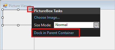 Cuplikan layar memperlihatkan kotak dialog Tugas PictureBox dengan Dock di Kontainer Induk disorot.