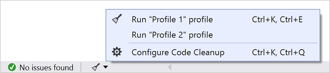 Cuplikan layar memperlihatkan ikon dan menu Pembersihan Kode di Visual Studio.