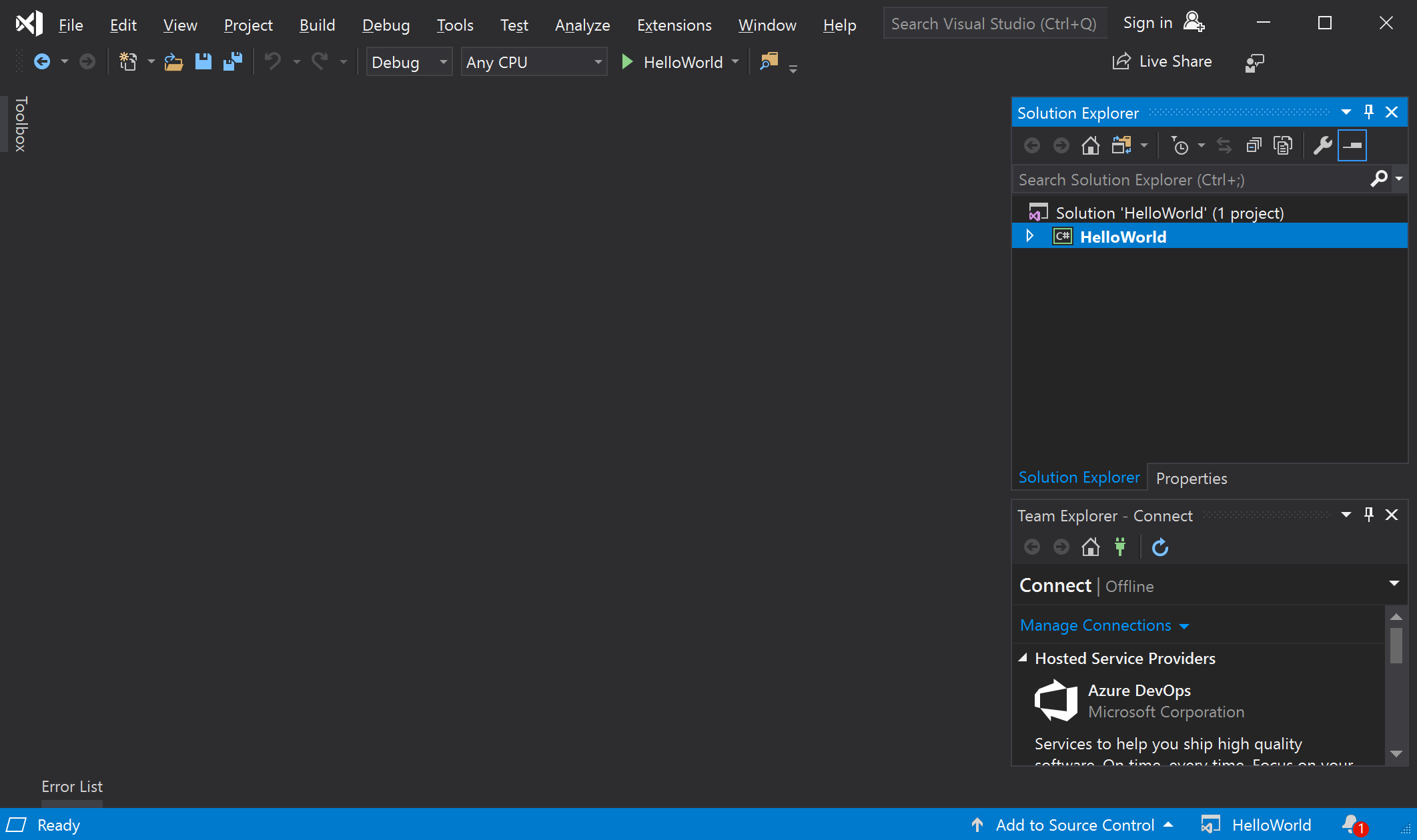 Cuplikan layar yang memperlihatkan Visual Studio dalam tema Gelap.