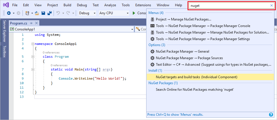 Cuplikan layar yang memperlihatkan kotak pencarian Luncur Cepat di Visual Studio 2019.