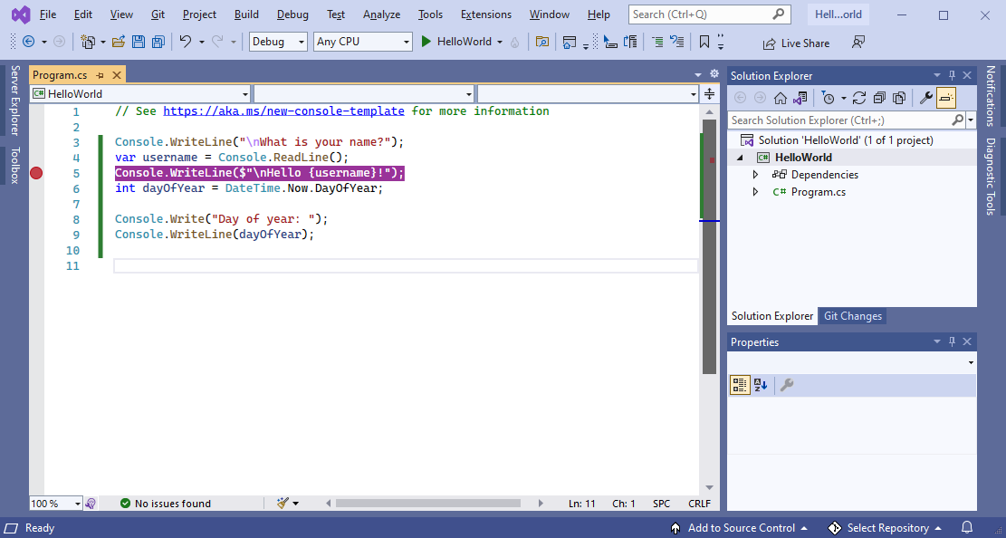 Cuplikan layar yang memperlihatkan Visual Studio dalam tema Biru.