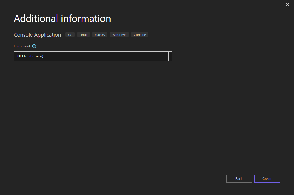 Cuplikan layar dialog Informasi tambahan memperlihatkan .NET 8.0 dipilih sebagai kerangka kerja target untuk proyek baru di Visual Studio.