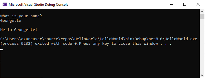 Cuplikan layar jendela Konsol Debug memperlihatkan perintah untuk nama, input, dan output Hello Georgette!.