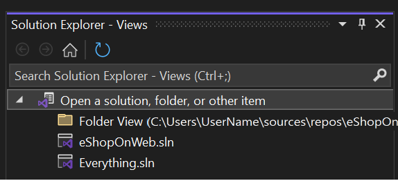 Cuplikan layar Tampilan Folder di Penjelajah Solusi di Visual Studio 2022.