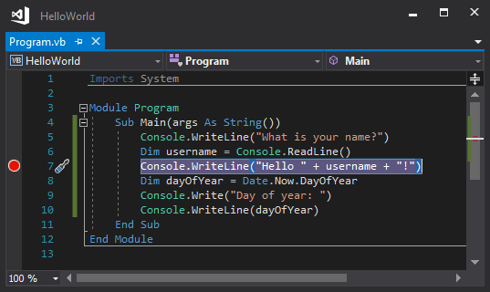 Cuplikan layar yang memperlihatkan titik henti pada baris kode di Visual Studio.