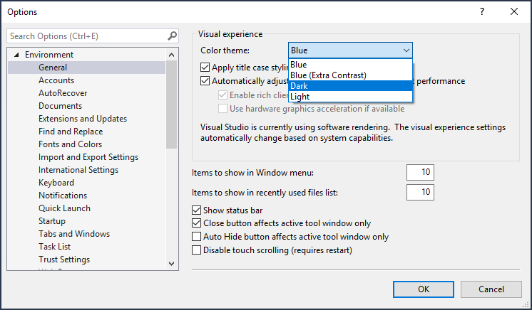 Cuplikan layar yang memperlihatkan perubahan tema warna menjadi gelap di Visual Studio.