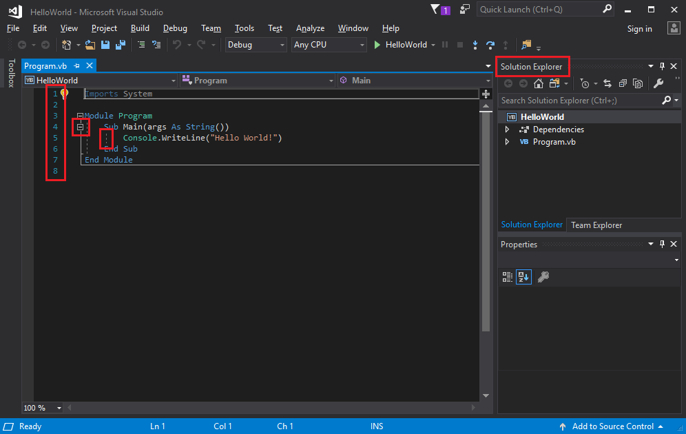 Cuplikan layar yang memperlihatkan VISUAL Studio IDE dengan kotak merah.