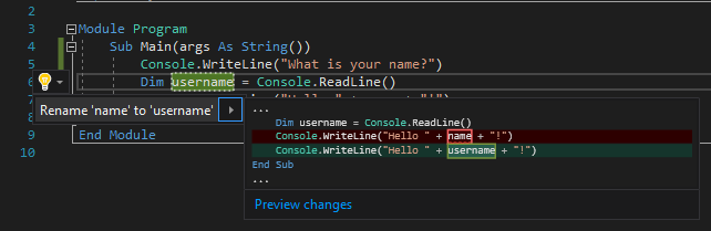 Cuplikan layar yang memperlihatkan tindakan Ganti Nama di Visual Studio.