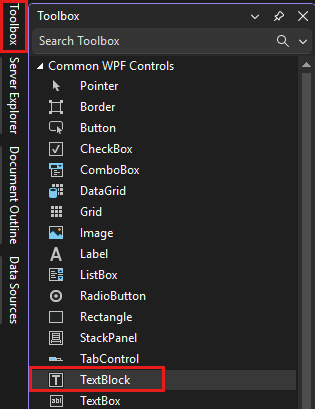 Screenshot menunjukkan jendela Toolbox dengan kontrol TextBlock disorot dalam daftar Common WPF Controls.