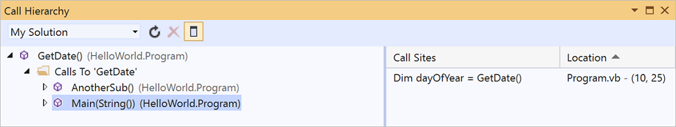 Cuplikan layar yang memperlihatkan jendela Hierarki Panggilan di Visual Studio.