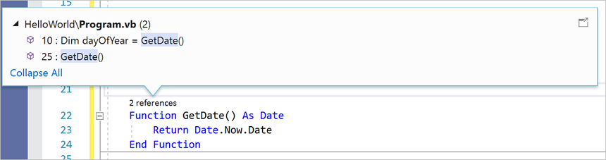 Cuplikan layar yang memperlihatkan CodeLens di Visual Studio.