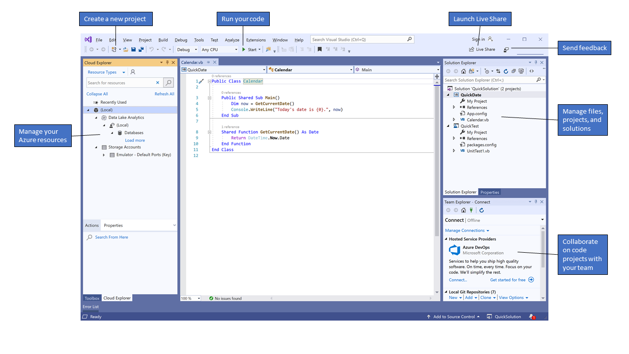 Cuplikan layar IDE Visual Studio 2019 dengan kode Visual Basic.