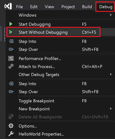 Cuplikan layar yang memperlihatkan Debug > Mulai tanpa penelusuran kesalahan.