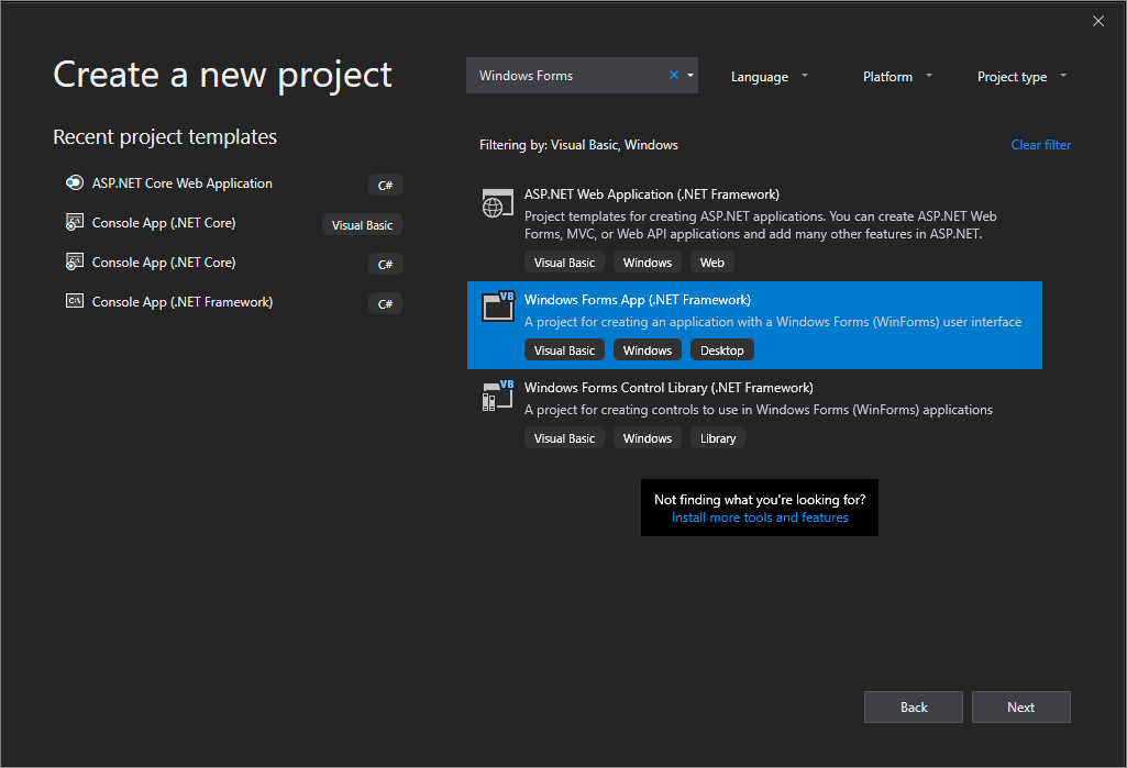 Screenshot shows the Create a new project window with Windows Forms App (.NET Framework) selected.