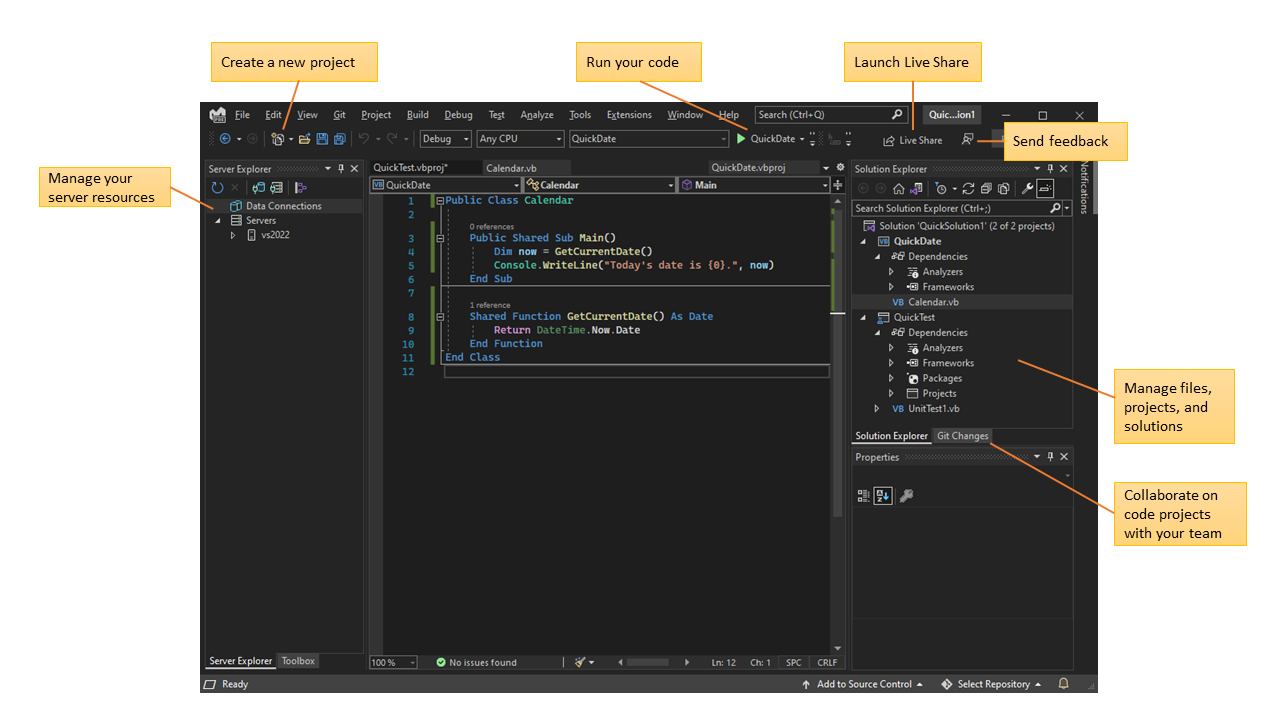 Cuplikan layar IDE Visual Studio dengan kode Visual Basic dan fungsionalitas utama.